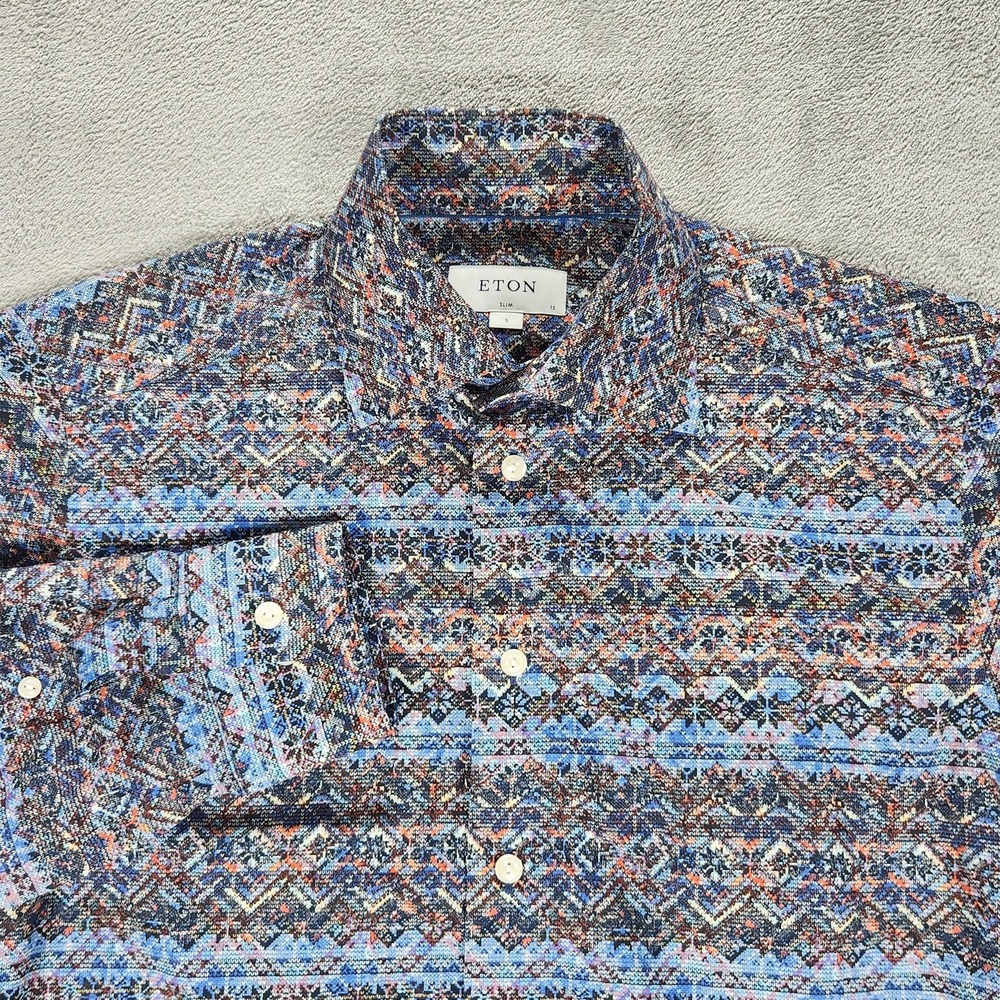 Eton Shirt Mens Small Multicolor Fair Isle Cotton Long Sleeve Slim Button Up